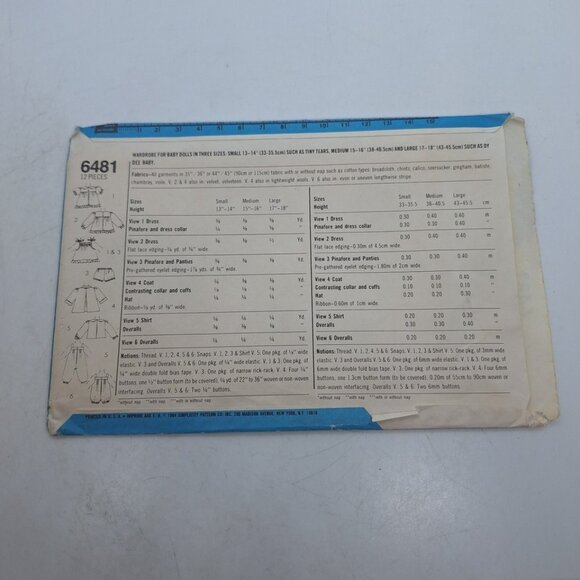 Simplicity 6481 Baby Doll Wardrobe for 17" 18" Dolls - Vintage - Picture 3 of 3